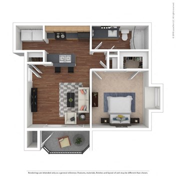 a stylized floor plan with a bedroom and living room